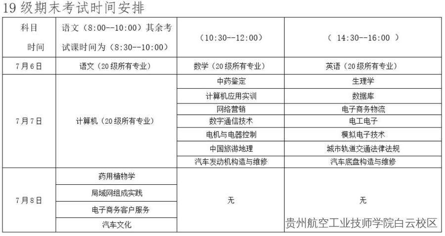 贵州航空工业技师学院白云校区北校区 2020—2021学年度第二学期期末考试安排