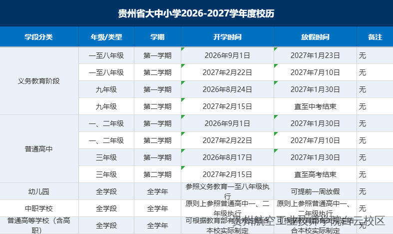贵州省大中小学2026-2027学年度校历公布（开学及放假时间安排）